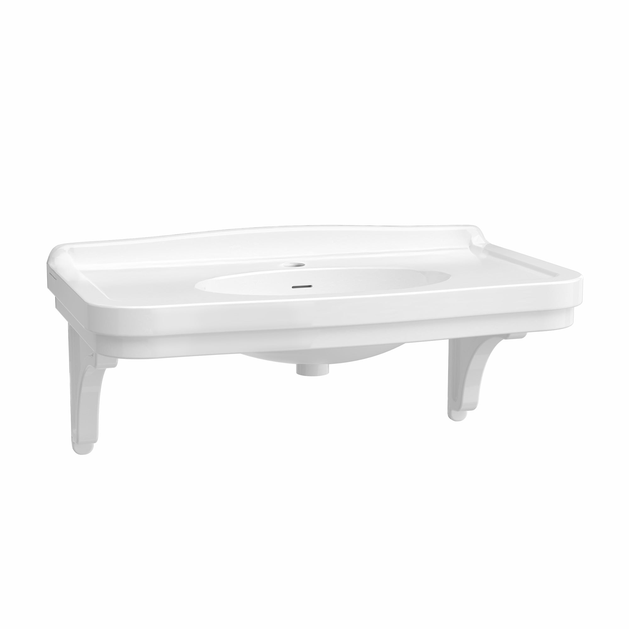 Wall mount sink with integrated oval bowl, low-rise backsplash, decorative trim & overflow