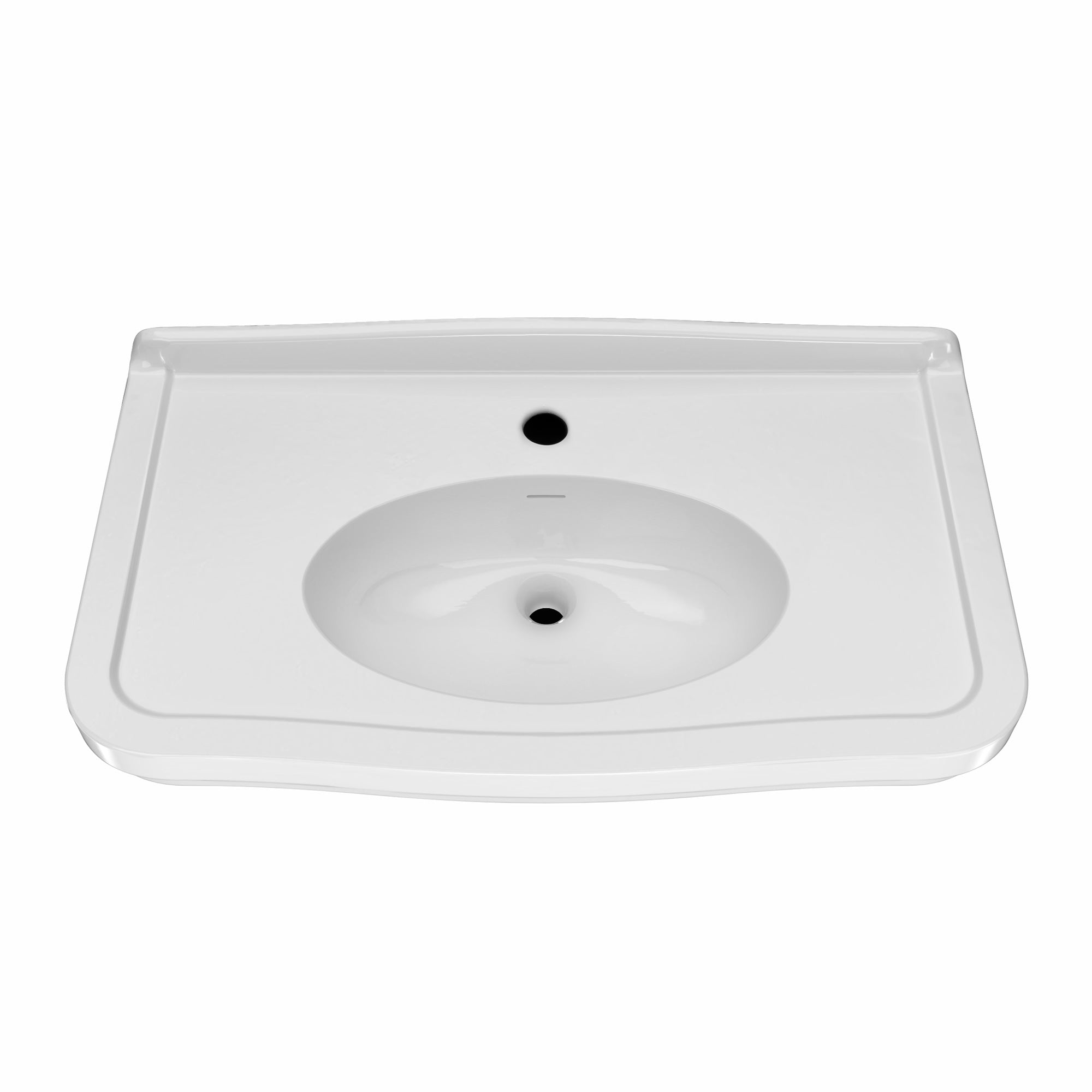 Wall mount sink with integrated oval bowl, low-rise backsplash, decorative trim & overflow