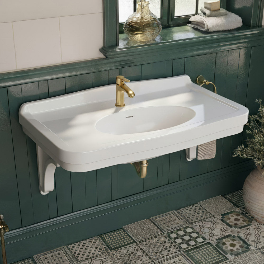 Wall mount sink with integrated oval bowl, low-rise backsplash, decorative trim & overflow