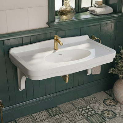Wall mount sink with integrated oval bowl, low-rise backsplash, decorative trim & overflow