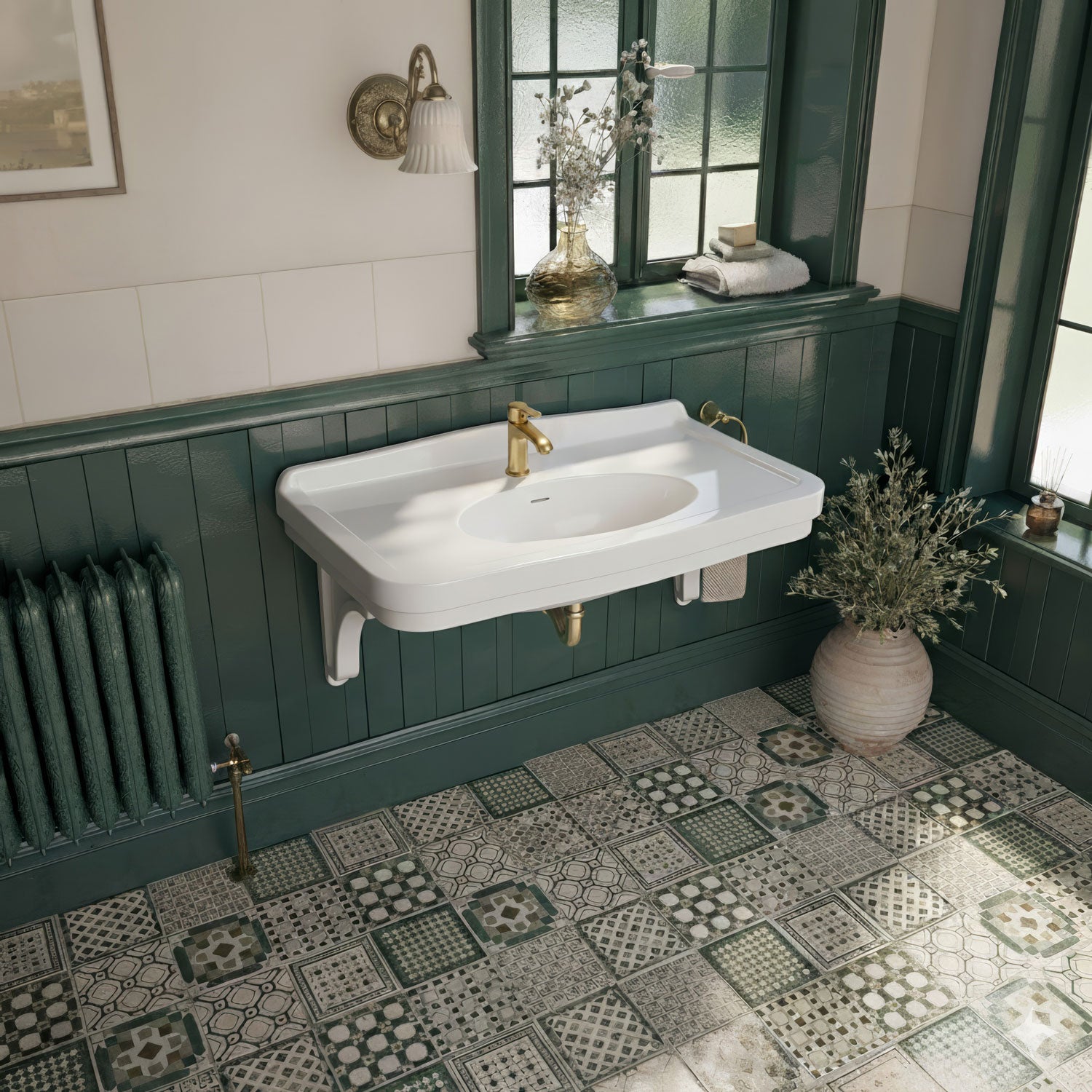 Wall mount sink with integrated oval bowl, low-rise backsplash, decorative trim & overflow