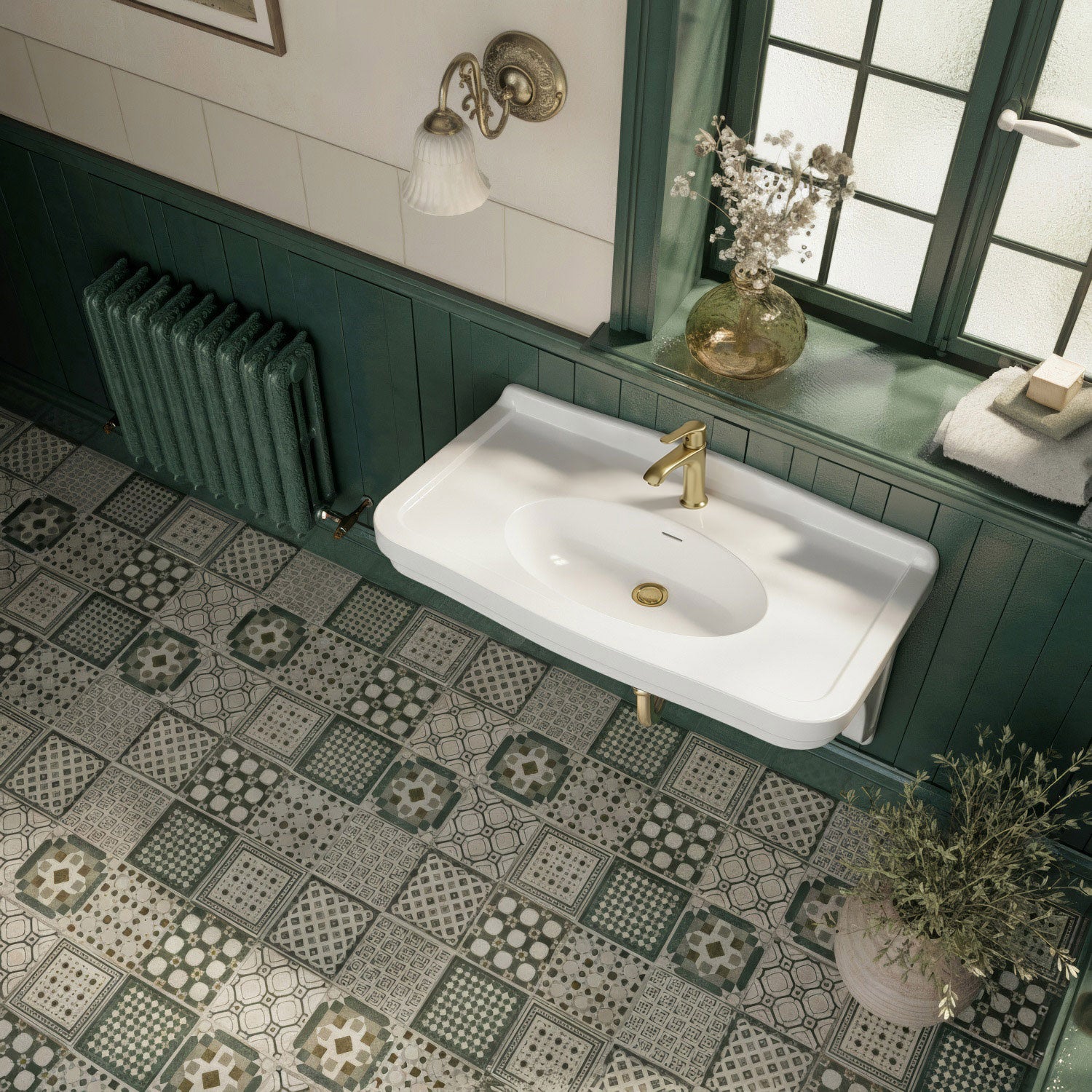 Wall mount sink with integrated oval bowl, low-rise backsplash, decorative trim & overflow