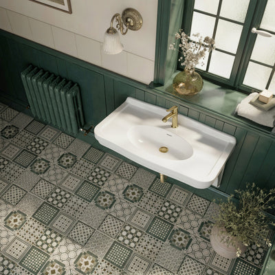 Wall mount sink with integrated oval bowl, low-rise backsplash, decorative trim & overflow