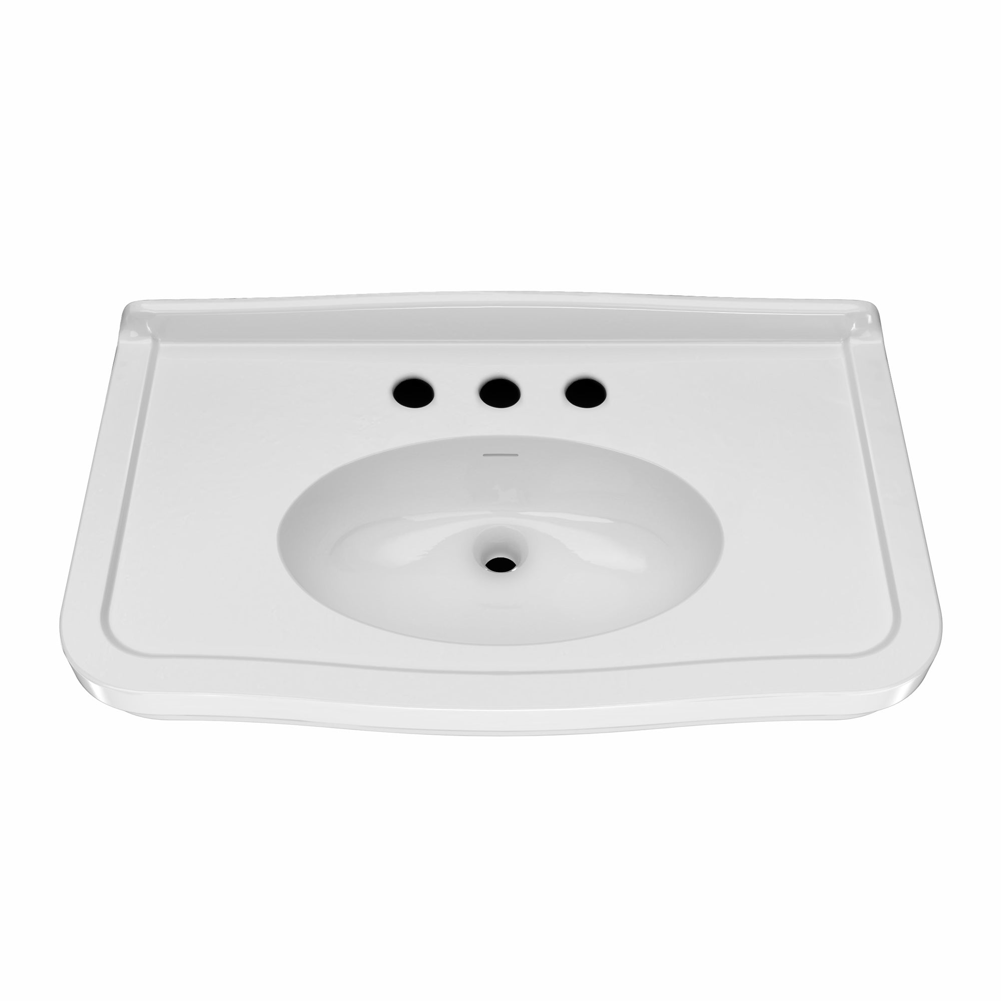 Wall mount sink with integrated oval bowl, low-rise backsplash, decorative trim & overflow