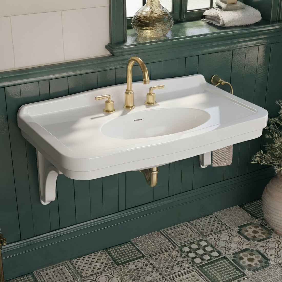 Wall mount sink with integrated oval bowl, low-rise backsplash, decorative trim & overflow