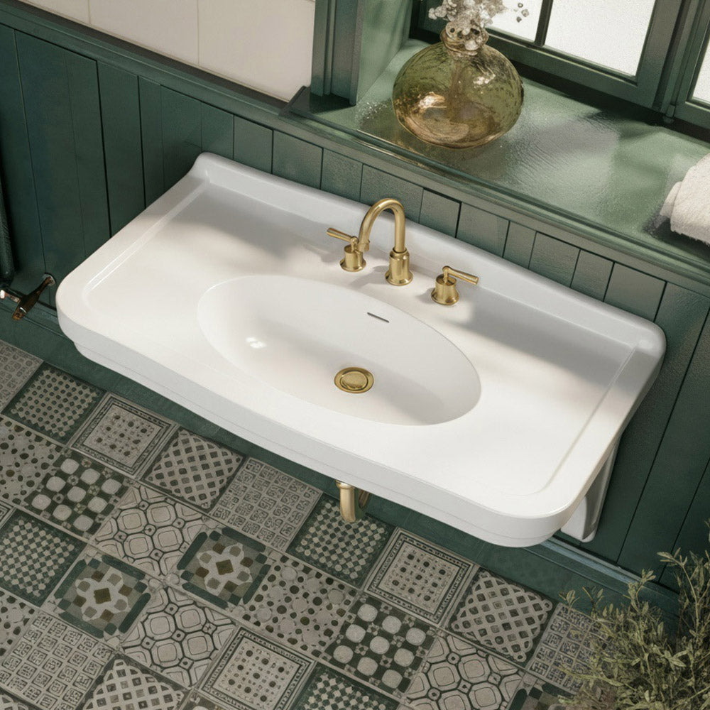 Wall mount sink with integrated oval bowl, low-rise backsplash, decorative trim & overflow