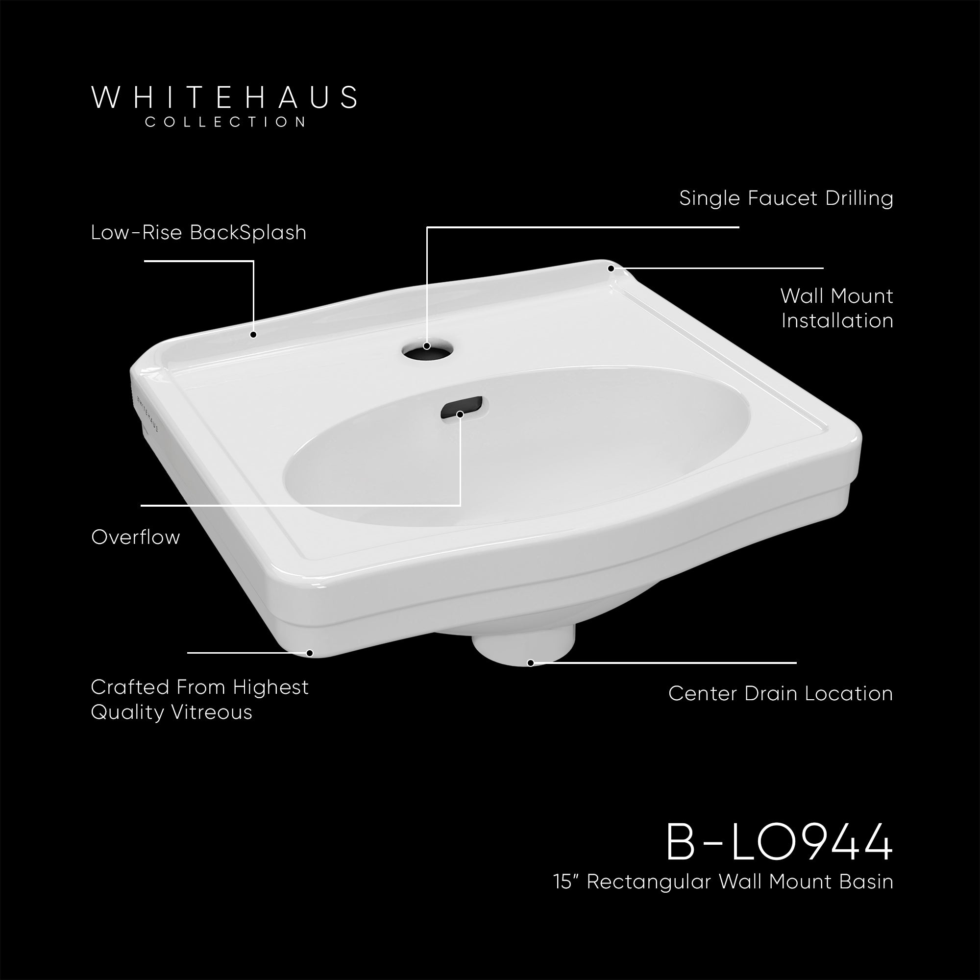 15" Rectangular Wall Mount Basin with Integrated Oval Bowl, Low-Rise Backsplash, Single Faucet Drilling and Overflow