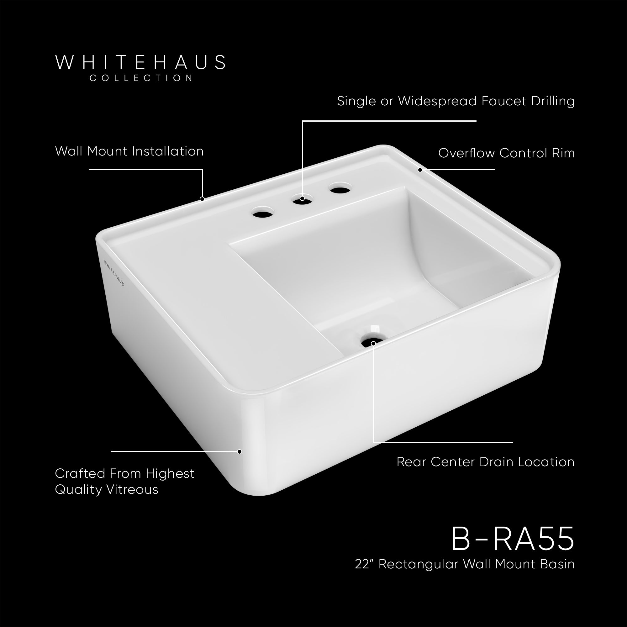 Rectangular Wall Mount Basin with Faucet Drilling Options and Rear Center Drain Location