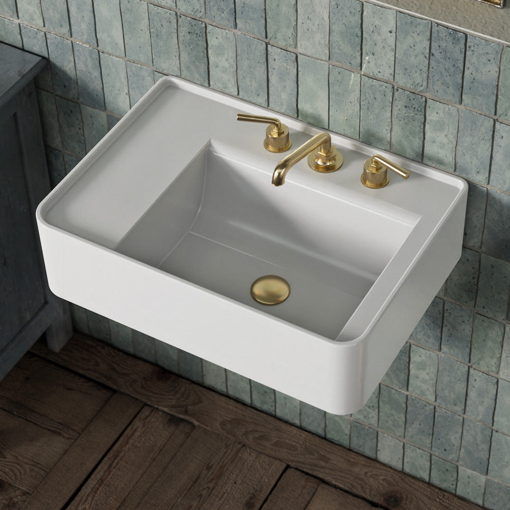 Rectangular Wall Mount Basin with Faucet Drilling Options and Rear Center Drain Location