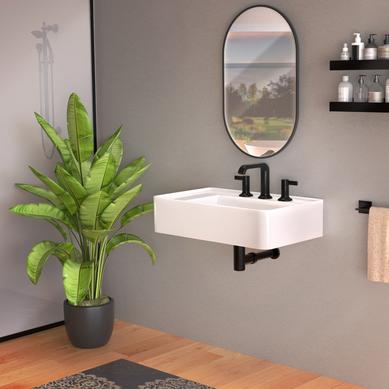 Rectangular Wall Mount Basin with Faucet Drilling Options and Rear Center Drain Location