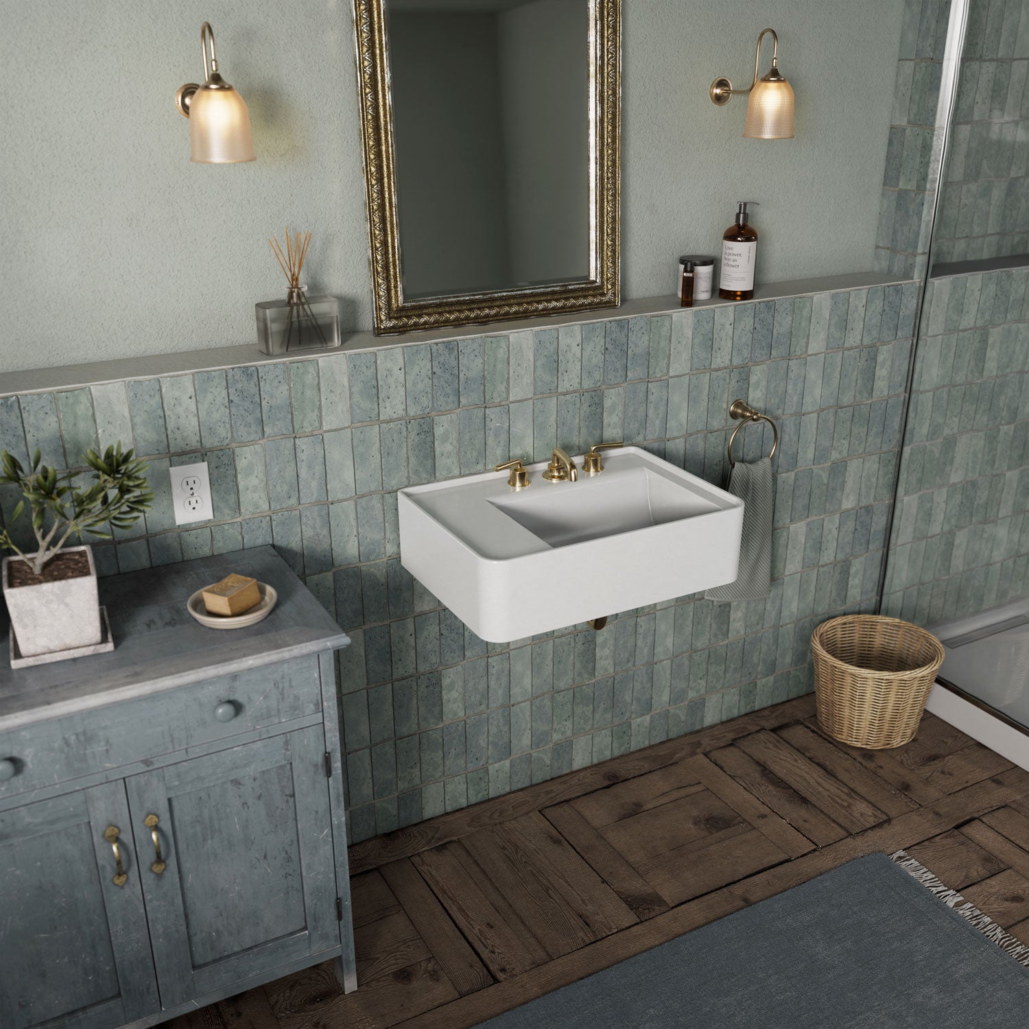 Rectangular Wall Mount Basin with Faucet Drilling Options and Rear Center Drain Location