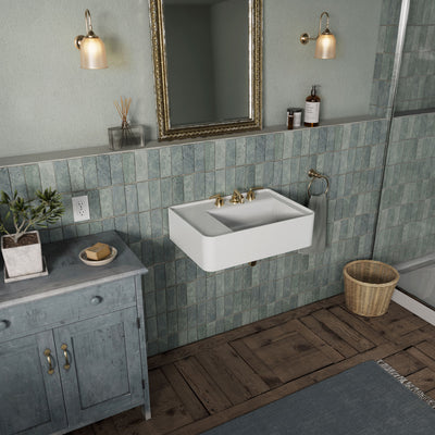 Rectangular Wall Mount Basin with Faucet Drilling Options and Rear Center Drain Location