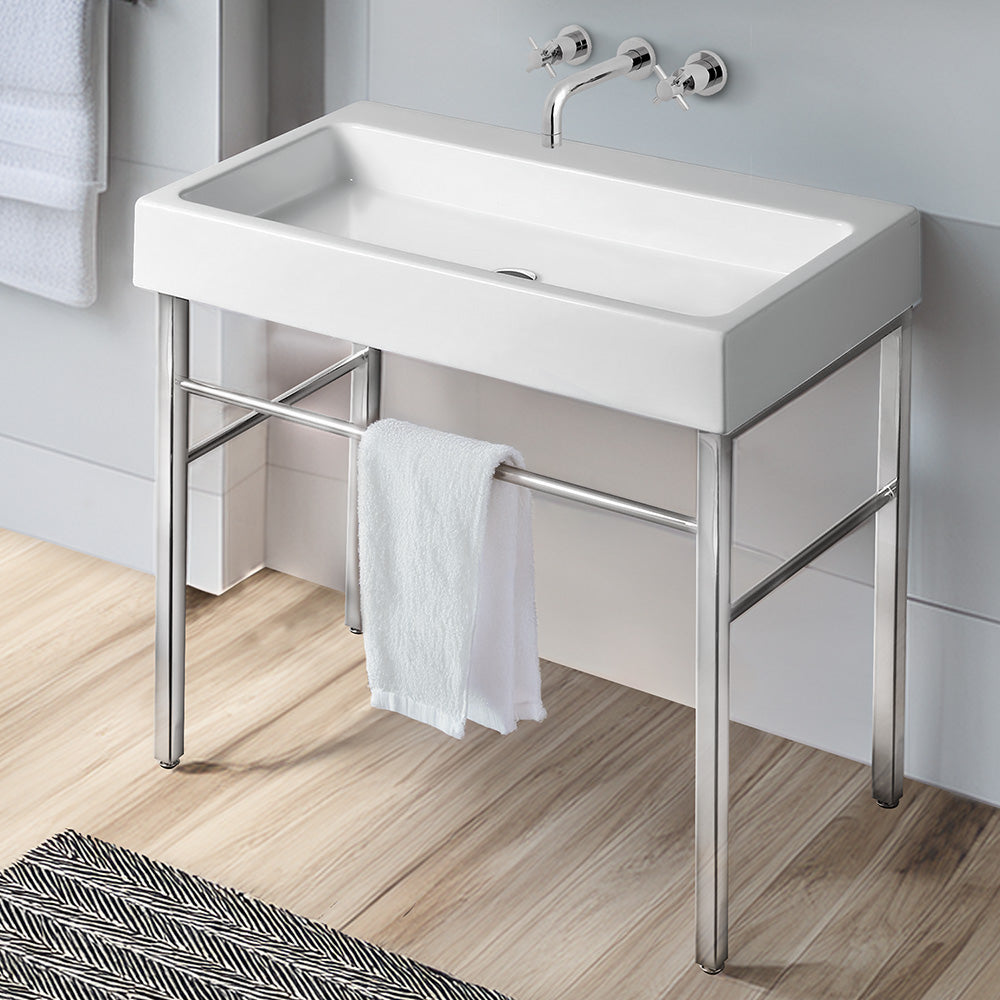 Rectangular Console Sink With Front Towel Bar And Polished Chrome Leg Supports