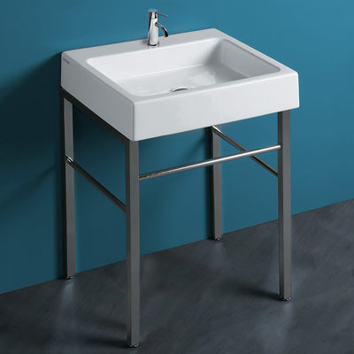 Rectangular Console Sink With Front Towel Bar And Polished Chrome Leg Supports