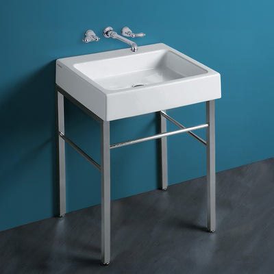 Rectangular Console Sink With Front Towel Bar And Polished Chrome Leg Supports