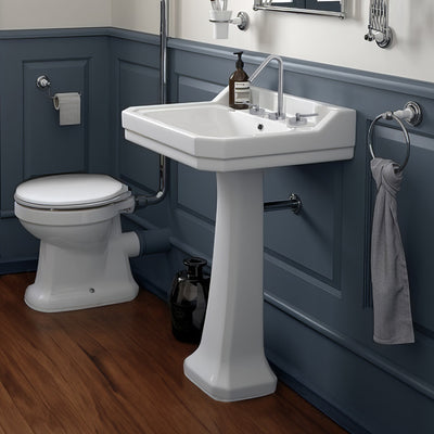 Traditional Pedestal with Large Rectangular Bowl, Backsplash, Dual Soap Ledges, Decorative Trim and Overflow