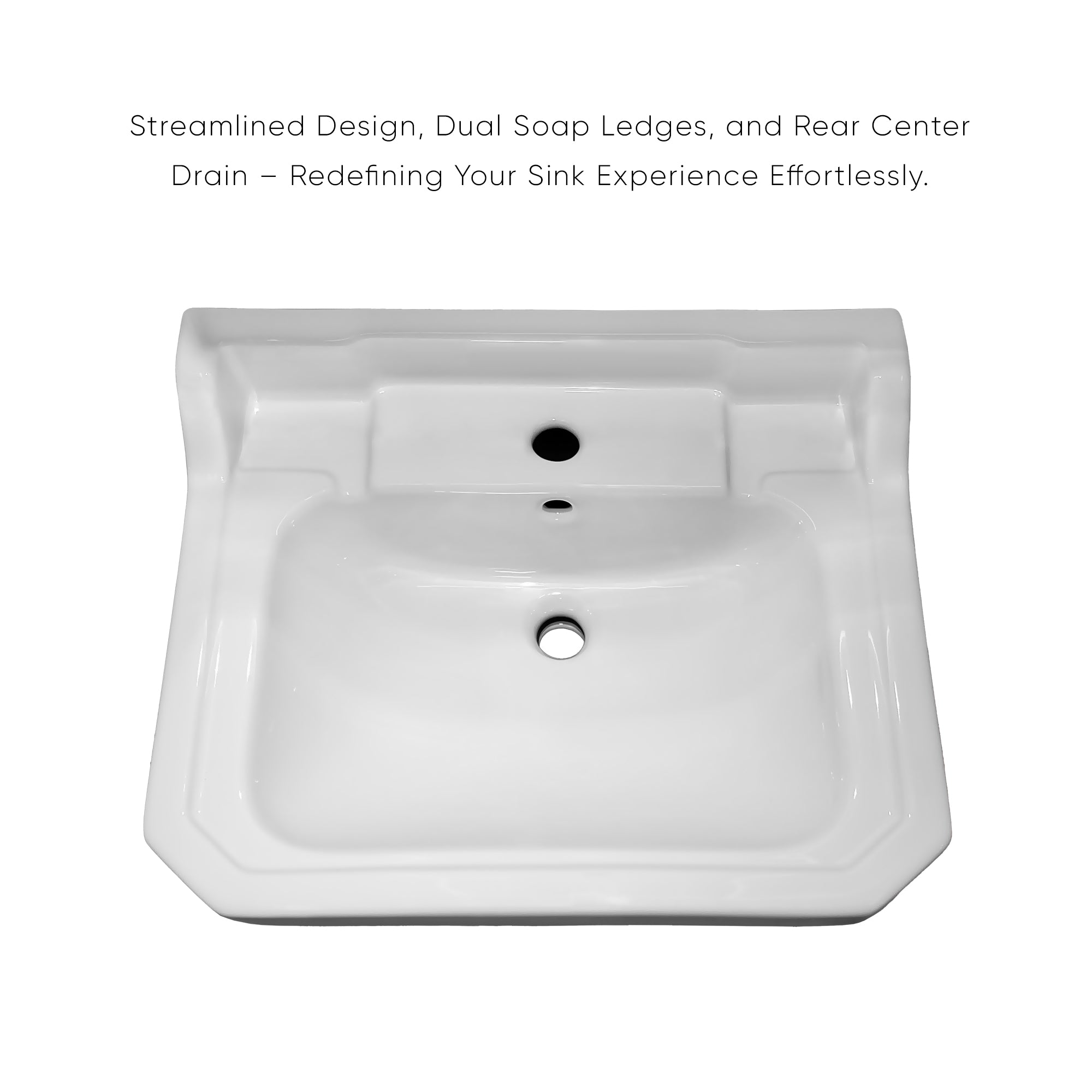 Traditional Pedestal with Large Rectangular Bowl, Backsplash, Dual Soap Ledges and Overflow