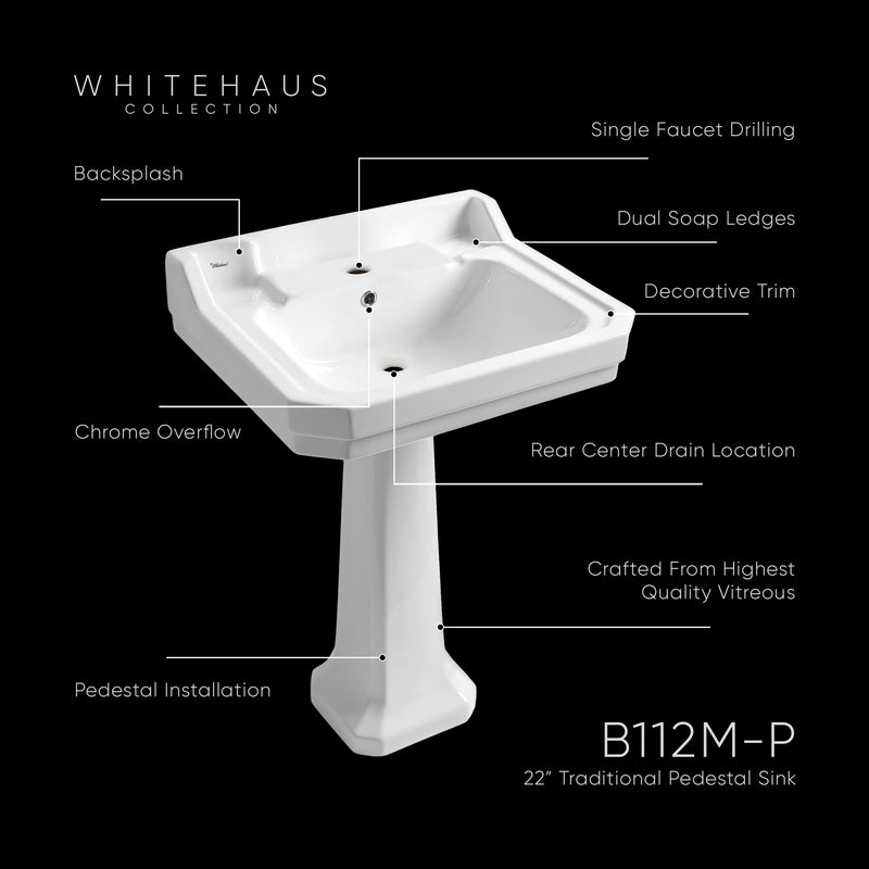 Traditional Pedestal with Large Rectangular Bowl, Backsplash, Dual Soap Ledges, Decorative Trim and Overflow