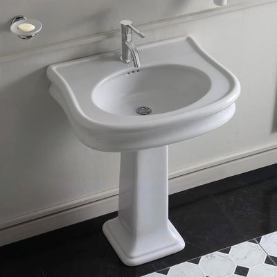 28" Traditional Pedestal Sink with Integrated Oval Bowl, Seamless Rounded Decorative Trim and Overflow