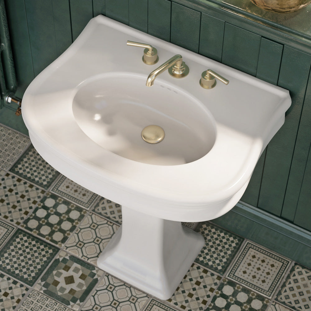 28" Traditional Pedestal Sink with Integrated Oval Bowl, Seamless Rounded Decorative Trim and Overflow