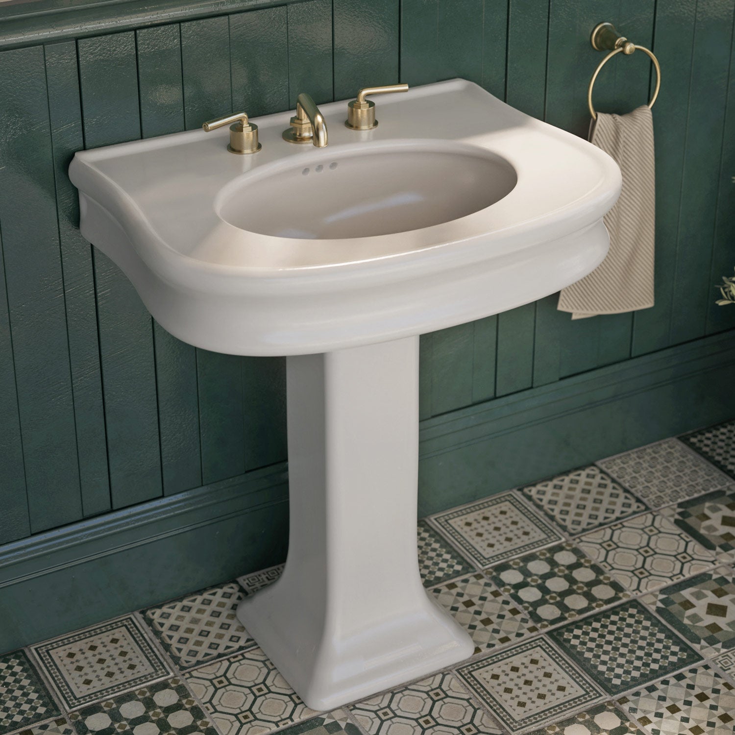 28" Traditional Pedestal Sink with Integrated Oval Bowl, Seamless Rounded Decorative Trim and Overflow