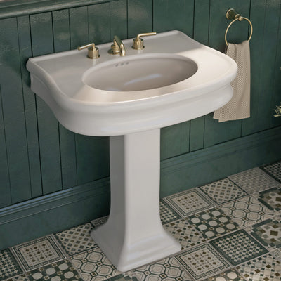 28" Traditional Pedestal Sink with Integrated Oval Bowl, Seamless Rounded Decorative Trim and Overflow