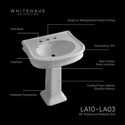 28" Traditional Pedestal Sink with Integrated Oval Bowl, Seamless Rounded Decorative Trim and Overflow