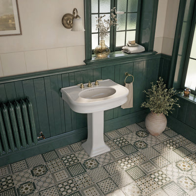 28" Traditional Pedestal Sink with Integrated Oval Bowl, Seamless Rounded Decorative Trim and Overflow