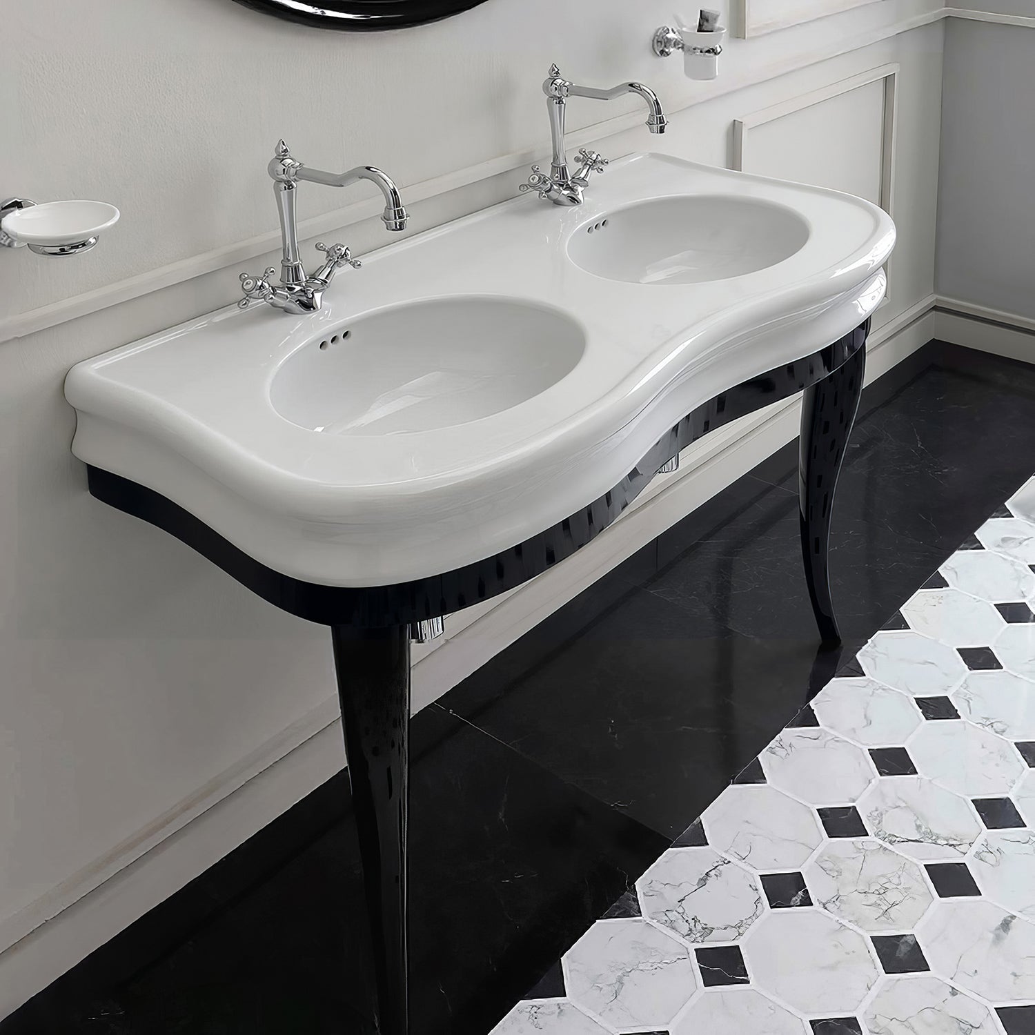 47" Large Console With integrated oval bowls, Overflow and Black Wooden Leg Support