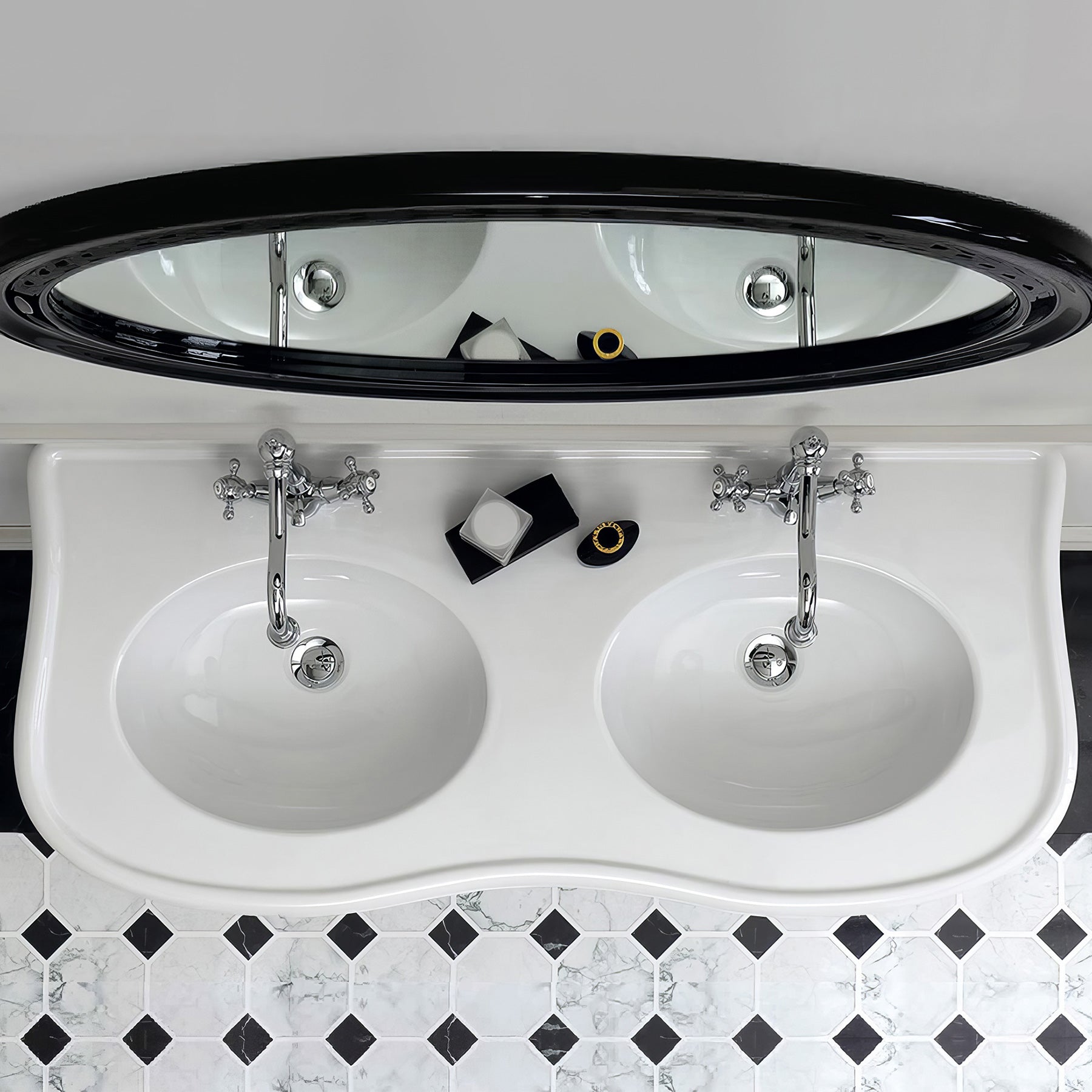 47" Large Console With integrated oval bowls, Overflow and Black Wooden Leg Support