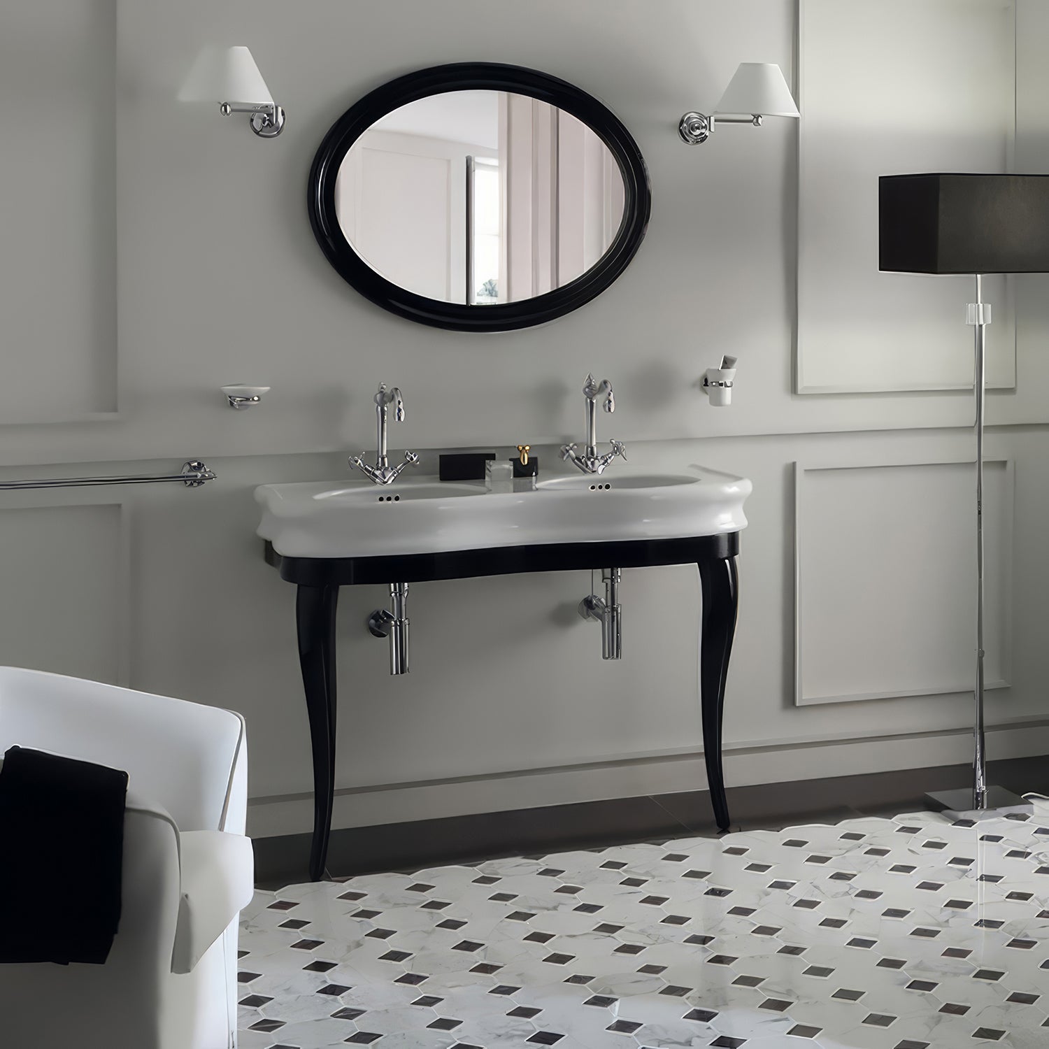 47" Large Console With integrated oval bowls, Overflow and Black Wooden Leg Support