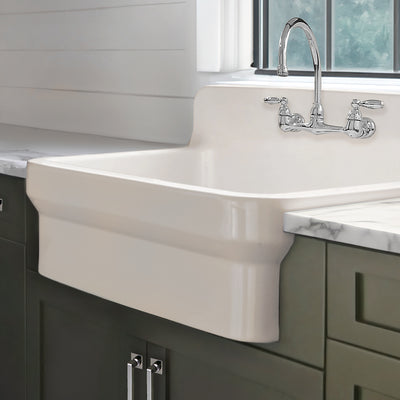 30" single bowl fireclay kitchen/utility front apron sink with high backsplash and faucet drilling