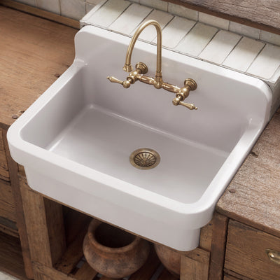 30" single bowl fireclay kitchen/utility front apron sink with high backsplash and faucet drilling