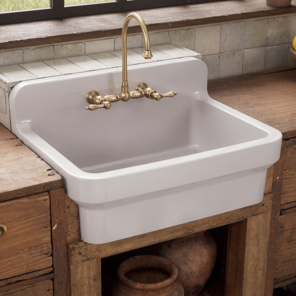 30" single bowl fireclay kitchen/utility front apron sink with high backsplash and faucet drilling