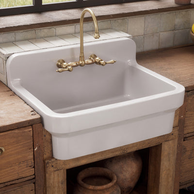 30" single bowl fireclay kitchen/utility front apron sink with high backsplash and faucet drilling