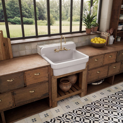 30" single bowl fireclay kitchen/utility front apron sink with high backsplash and faucet drilling