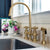 Bridge Faucet with Long Gooseneck Swivel Spout, Cross Handles and Solid Brass Side Spray