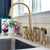 Bridge Faucet with Long Gooseneck Swivel Spout, Lever Handles and Solid Brass Side Spray