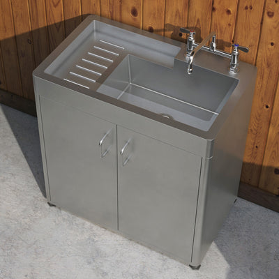 Pearlhaus Brushed Stainless Steel Double Door, Freestanding Cabinet with Sink