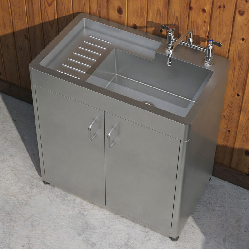 Pearlhaus Brushed Stainless Steel Double Door, Freestanding Cabinet with Sink