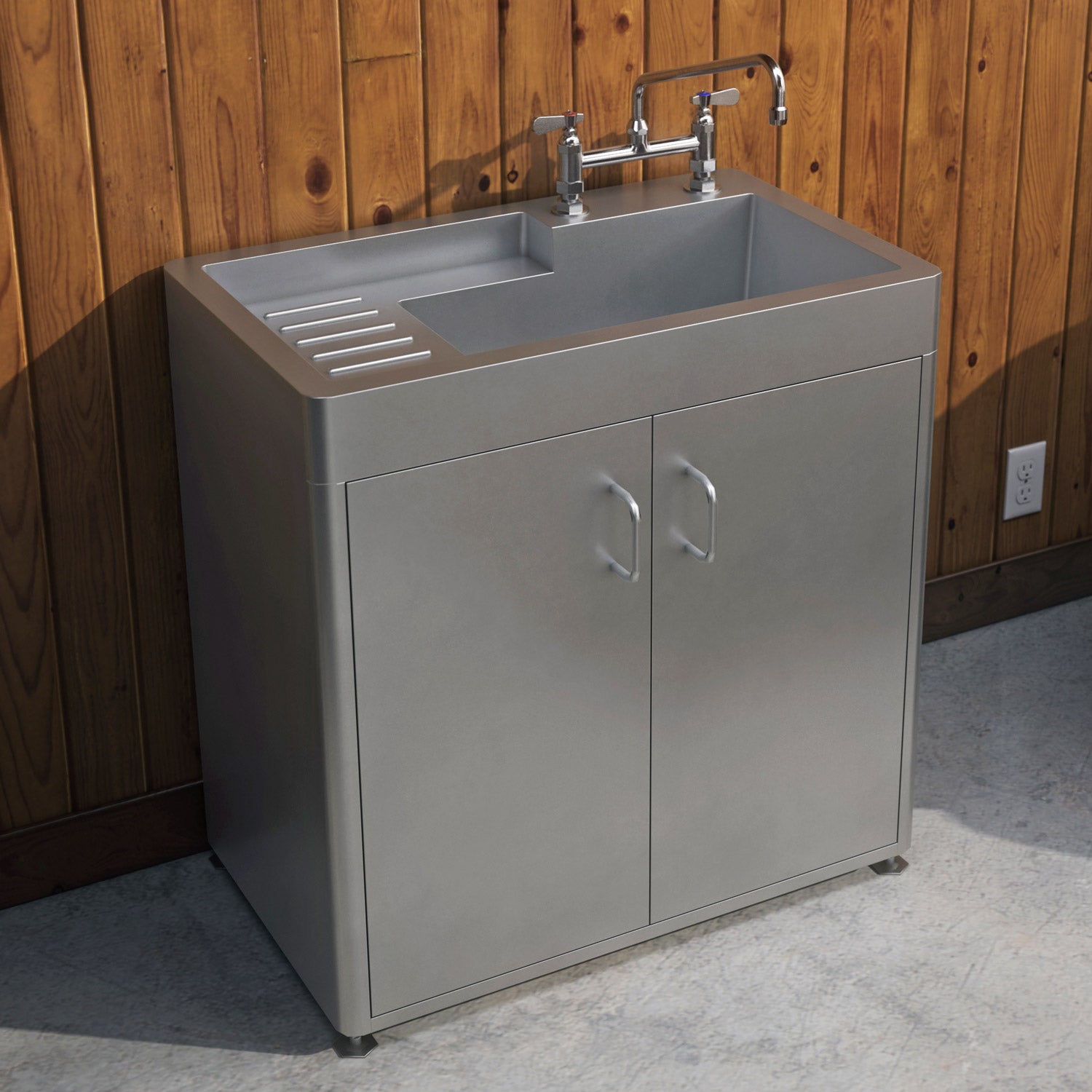 Pearlhaus Brushed Stainless Steel Double Door, Freestanding Cabinet with Sink