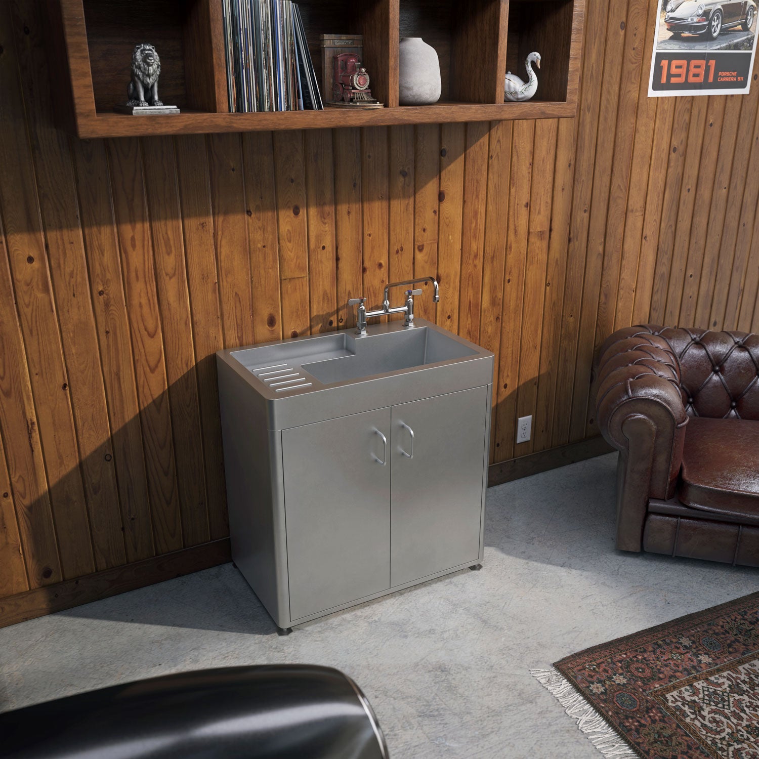 Pearlhaus Brushed Stainless Steel Double Door, Freestanding Cabinet with Sink