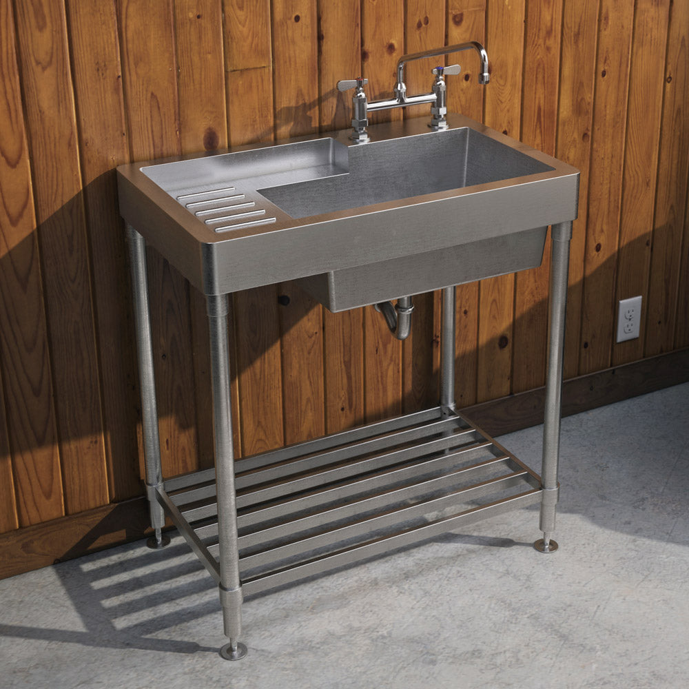 33" Pearlhaus Stainless steel single bowl, freestanding sink with drainboard & lower rack