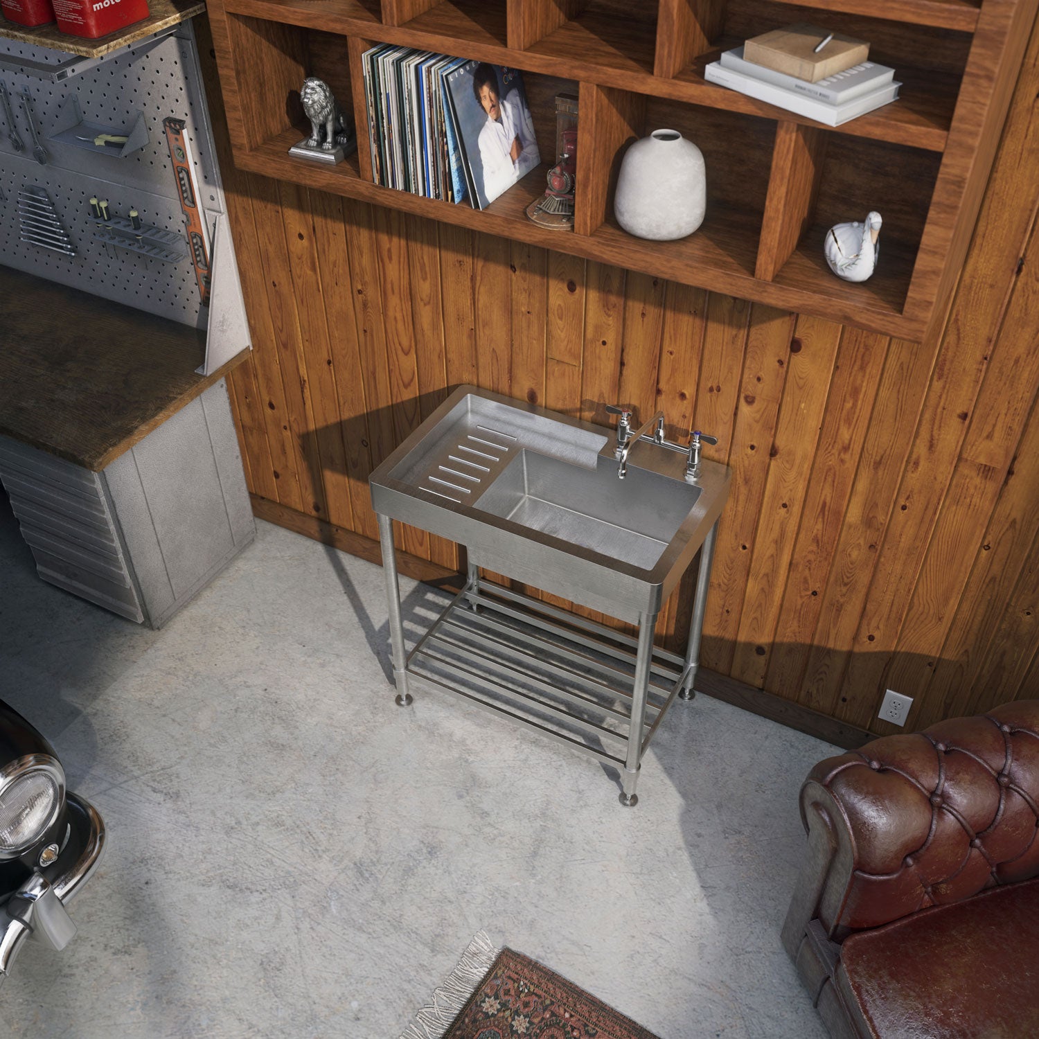 33" Pearlhaus Stainless steel single bowl, freestanding sink with drainboard & lower rack