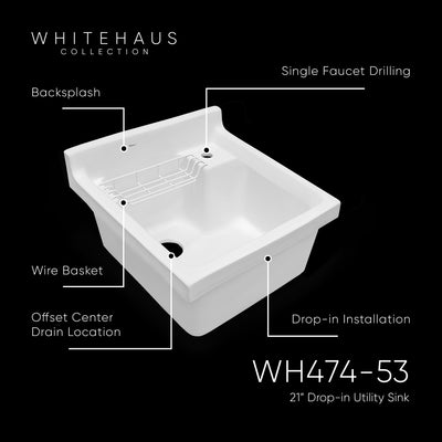 Vitreous Single Bowl, Drop-in Sink with Wire Basket and Off Center Drain Location