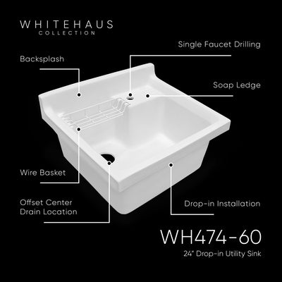 Vitreous Single Bowl, Drop-in Sink with Wire Basket and Off Center Drain Location