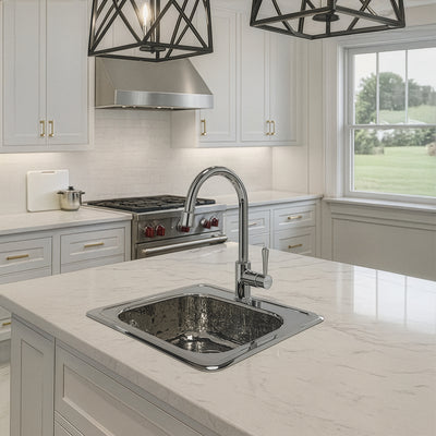 15" Square Stainless Steel Drop-In Entertainment/ Prep Sink With A Hammered Texture Bowl And Mirror Finish Ledge