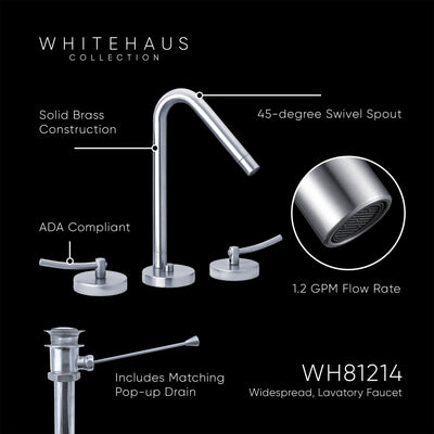 Lavatory Widespread Faucet with 45-Degree Swivel Spout, Pop-up Waste and Lever Handles