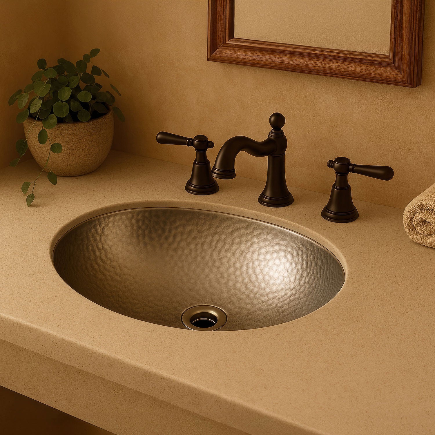 18" oval undermount lavatory basin with hammered textured surface and overflow