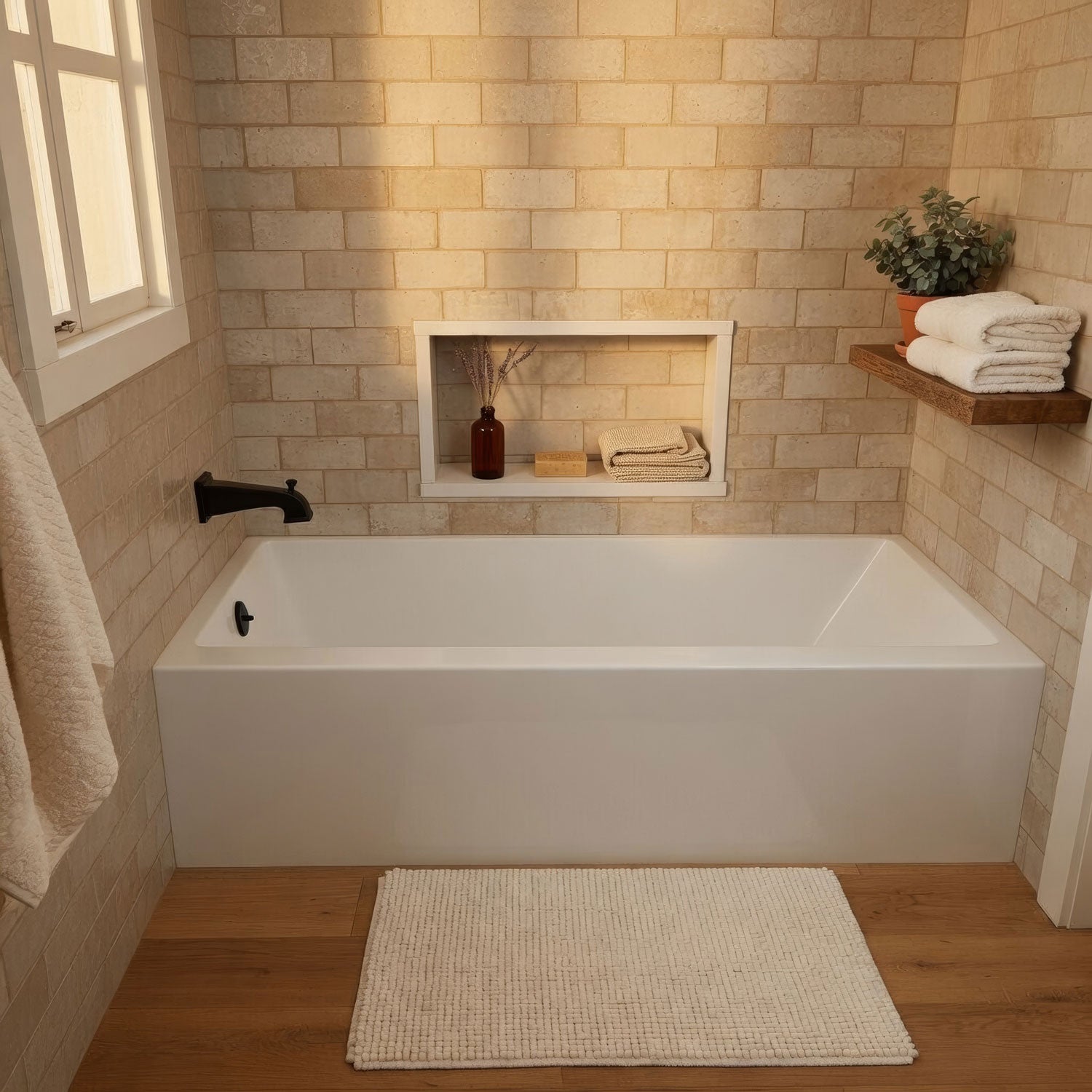 Alcove soaking bathtub with drain hole options